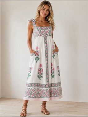 Juliet Dunn White Orchid Poppy Cotton Midi Dress | Prairie Cottagecore | Sz 6/8
